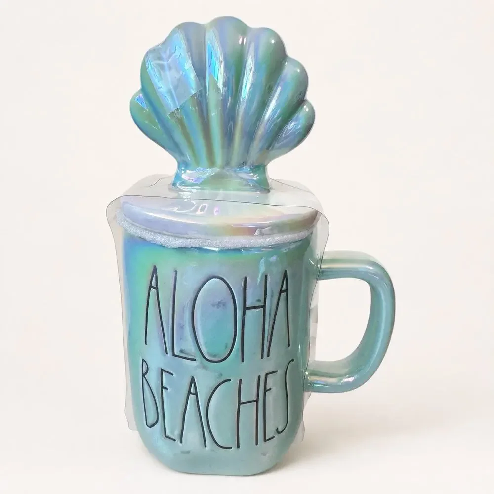 Rae Dunn Iridescent aqua / teal 'Aloha Beaches' XL Mug w/ Shell Lid